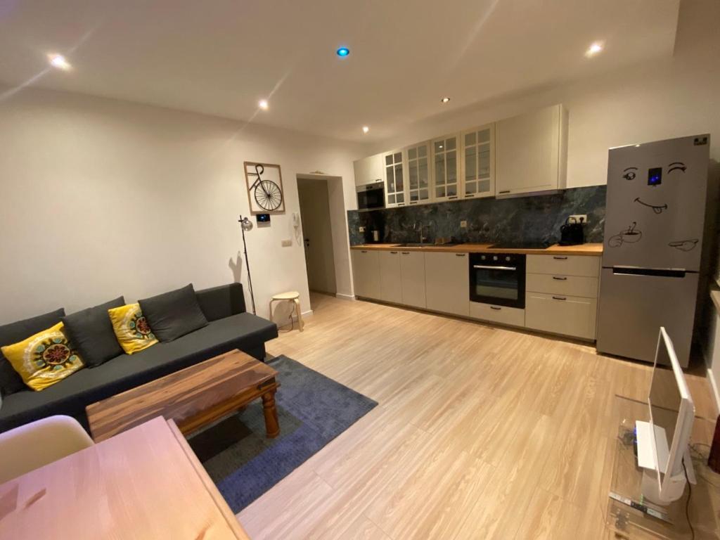 ein Wohnzimmer mit einem Sofa und einer Küche in der Unterkunft Cozy Flat in Brüssel