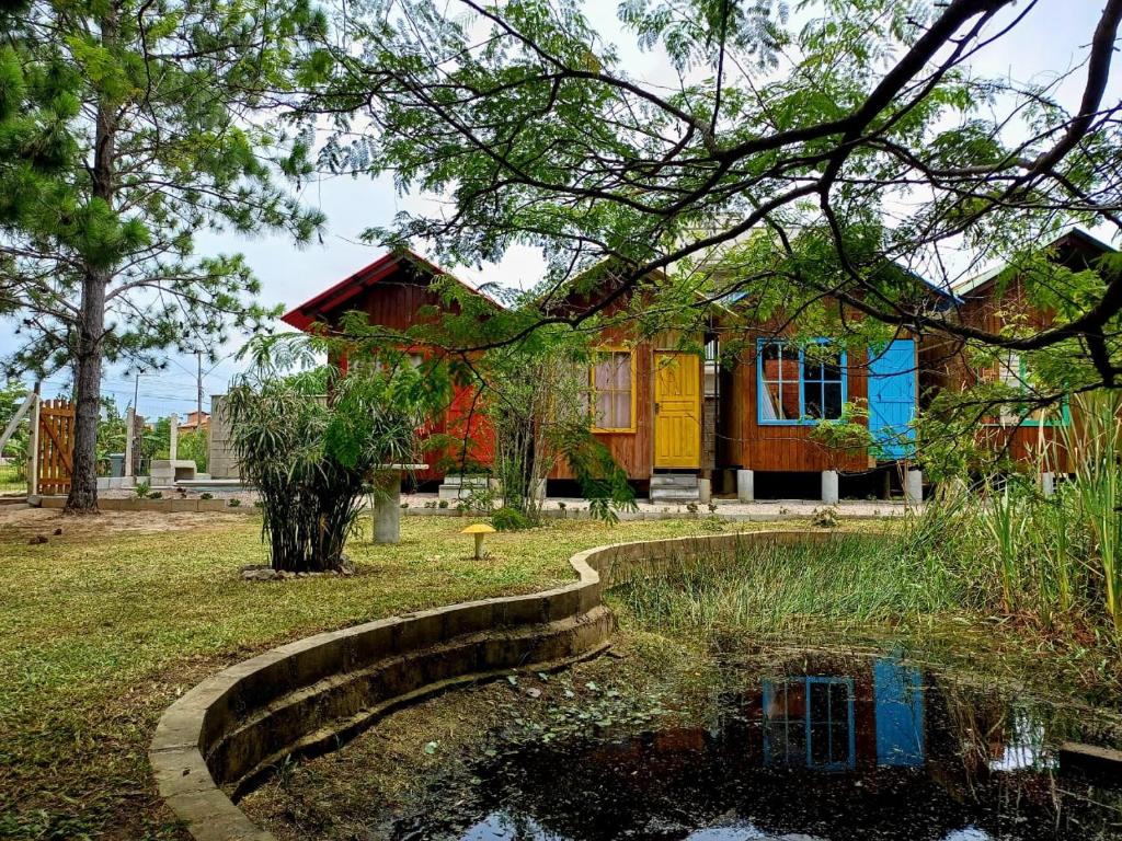 賓海洛的住宿－Recanto Cabanas，前面有池塘的房子