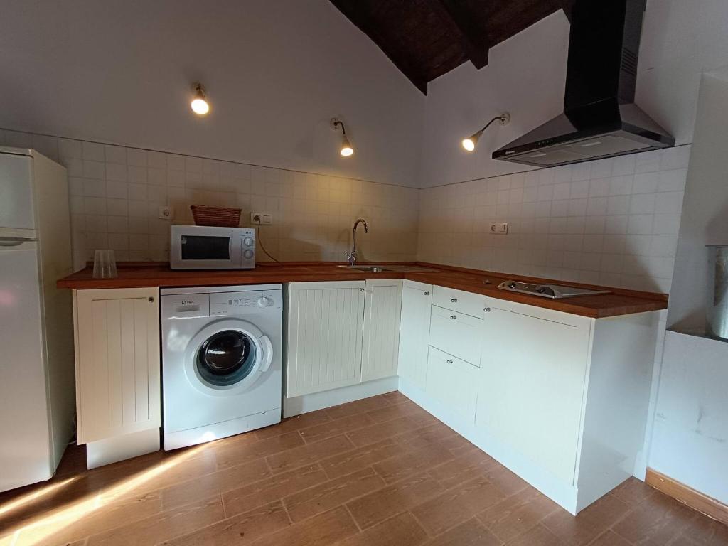 cocina con lavadora y microondas en small House of La Reguera, 