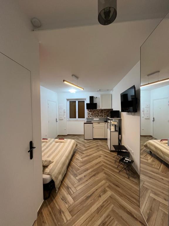 une grande chambre avec une cuisine et un salon dans l'établissement Studio à louer sur l application a i r b n b - Le Petit Fer à Cheval Centre-Ville, à Toulouse