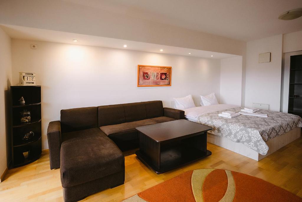 a living room with a couch and a bed at Privilegio apartment - Centru Civic - Afi Mall in Braşov