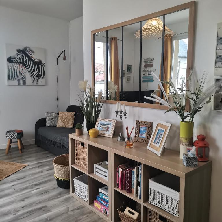 un salon avec une étagère et des livres dans l'établissement Joli appt cocooning au pied des dunes, à Berck-sur-Mer