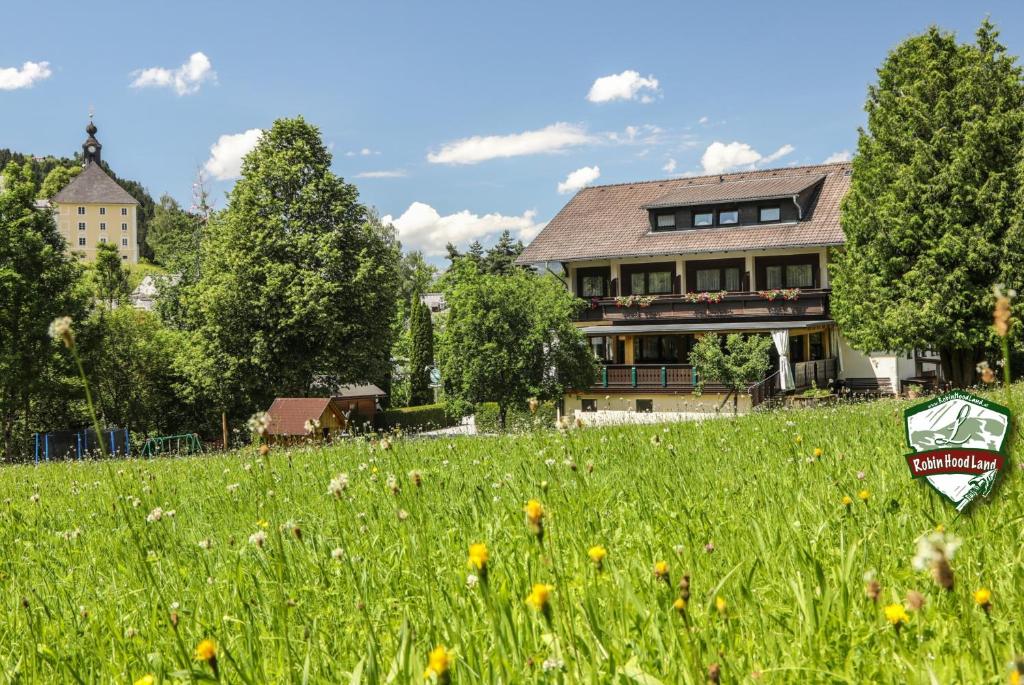 a field of grass with a house in the background at Gasthof Leitner - Der Wirt an der Klamm in Donnersbach