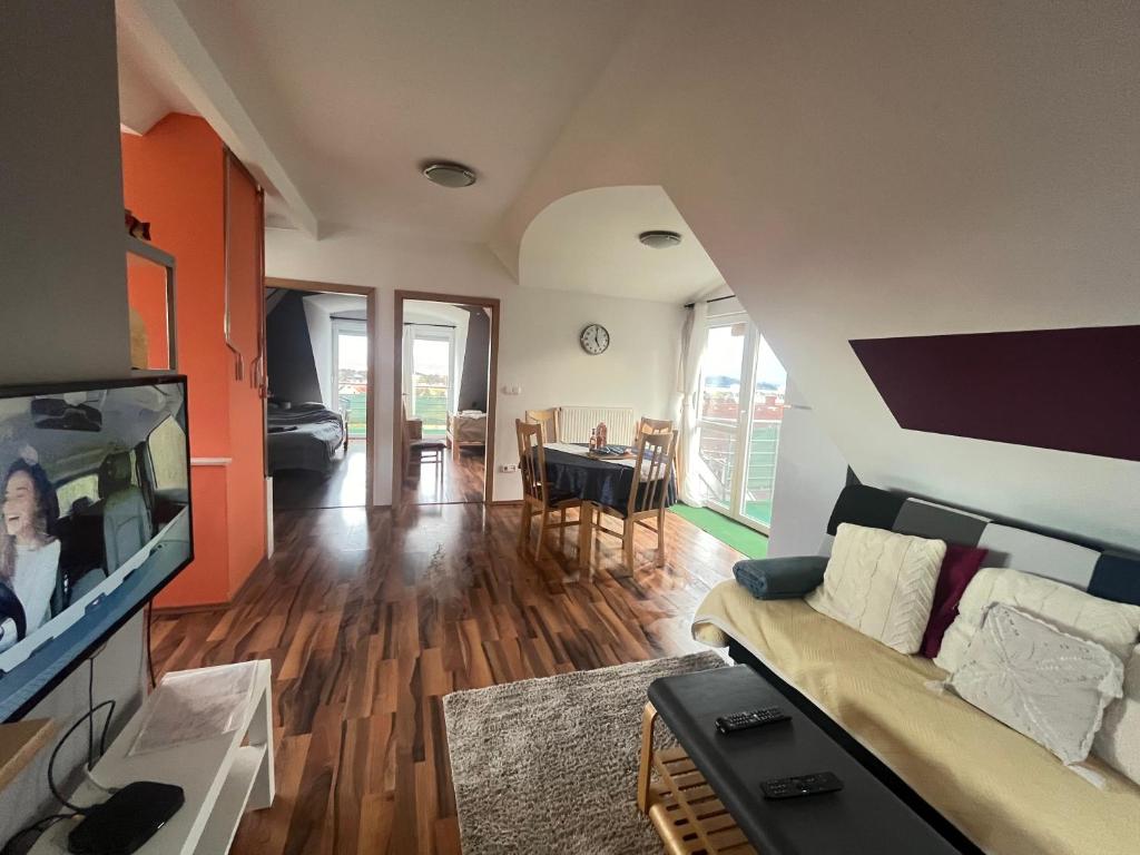 ein Wohnzimmer mit einem Sofa und einem TV in der Unterkunft Balatonfüred Apartment in Balatonfüred