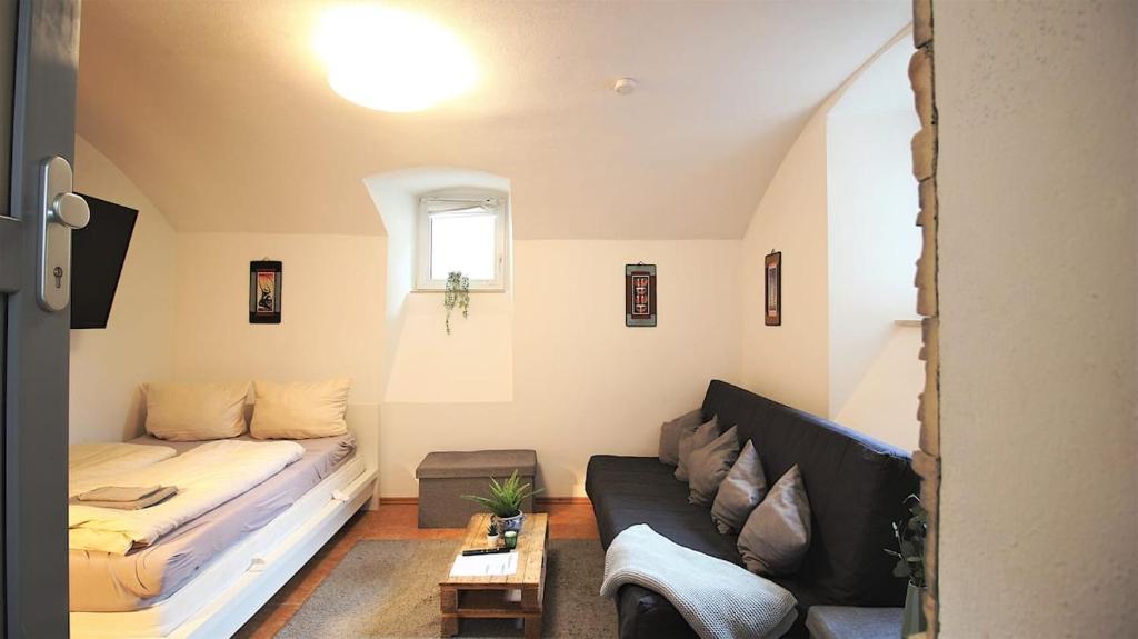 salon z kanapą i łóżkiem w obiekcie fully equipped apartment near main station w mieście Würzburg