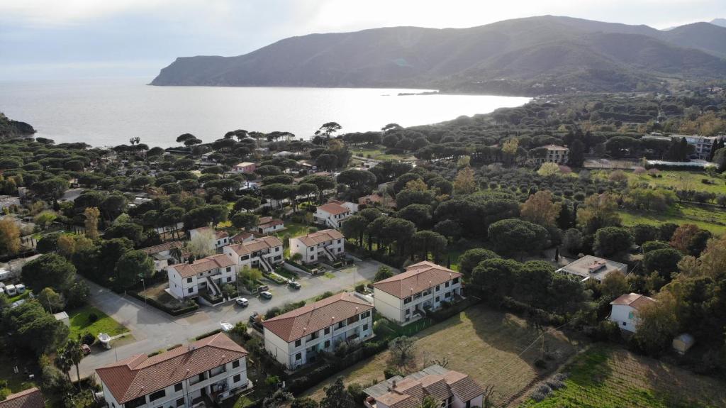an aerial view of a town next to a lake at Trilocale Lacona Mare - Zona mare con clima e posto auto in Lacona