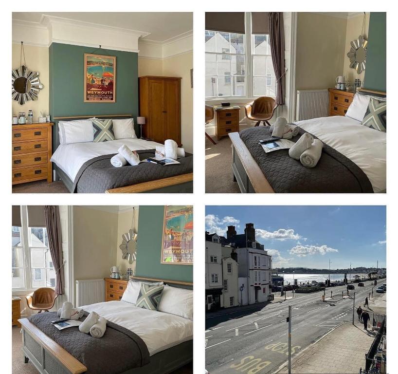eine Collage mit vier Bildern eines Schlafzimmers mit zwei Betten in der Unterkunft The Alendale Guesthouse in Weymouth