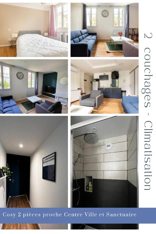 trois photos d'un salon et d'un salon dans l'établissement T2 Cosy proche Gare et Centre Ville - Parking Gratuit à proximité, à Lourdes