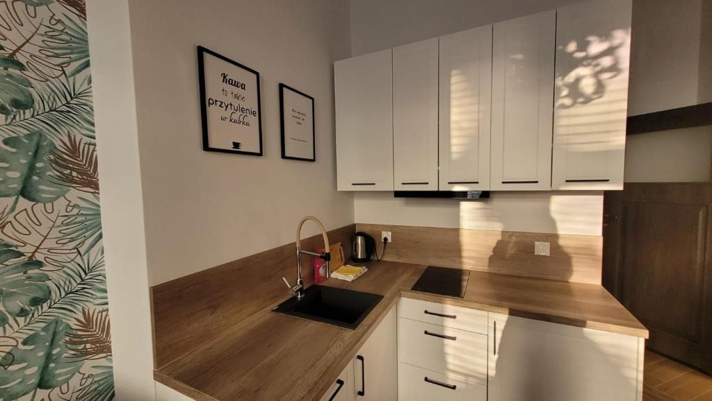 a kitchen with white cabinets and a wooden counter top at APARTAMENT JARACZA 28/12 in Słupsk