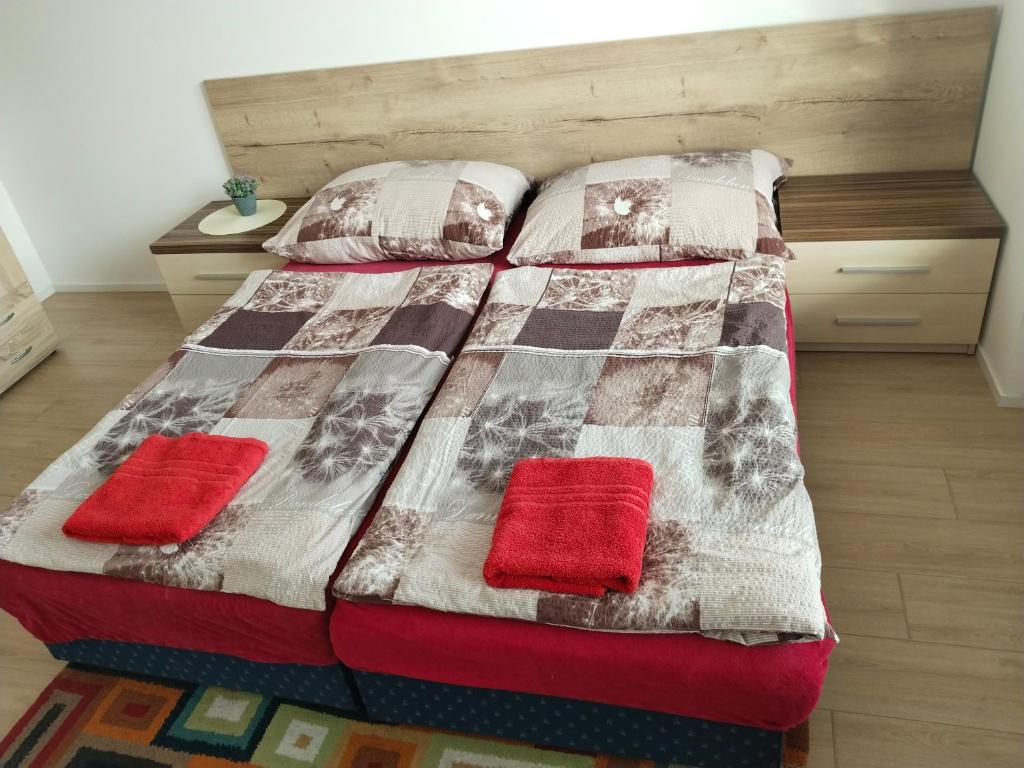 a bed with two red pillows on it in a bedroom at Apartmán Štefánikova in Zlín