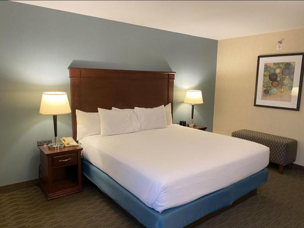 ein großes Bett in einem Hotelzimmer mit zwei Lampen in der Unterkunft Troy Inn in Troy