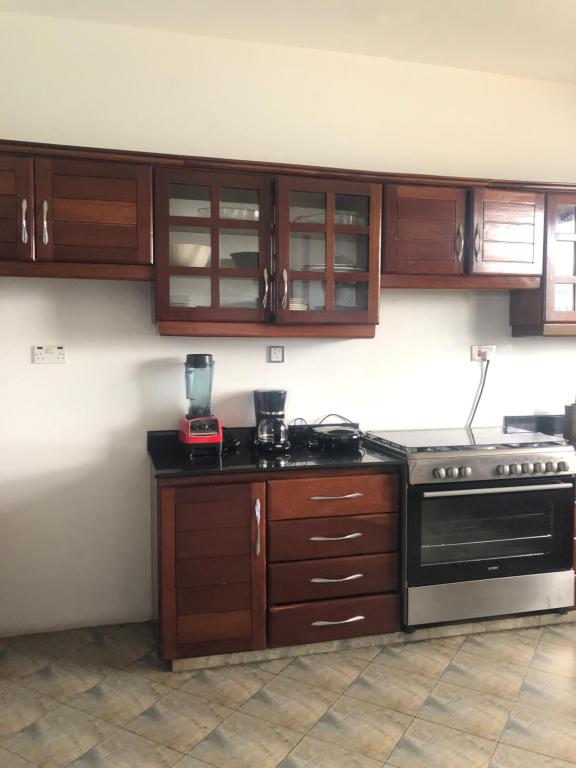 達累斯薩拉姆的住宿－4 Bedroom Duplex In Dar es salaam，厨房配有木制橱柜和炉灶。