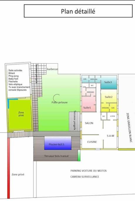 a floor plan of a building with a diagram at Villa 200m2, 3 suites, patio avec salle jeux, 1 piscine CHAUFFE DE DEBUT AVRIL A FIN OCTOBRE in Maruéjols