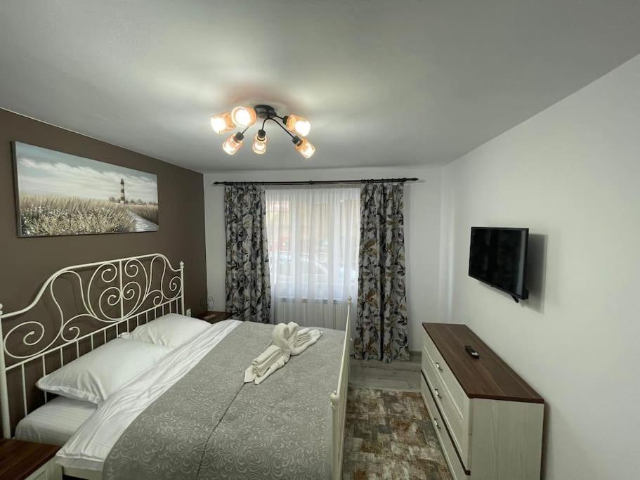 um quarto com uma cama grande e uma televisão em Apartament D&T em Vatra Dornei