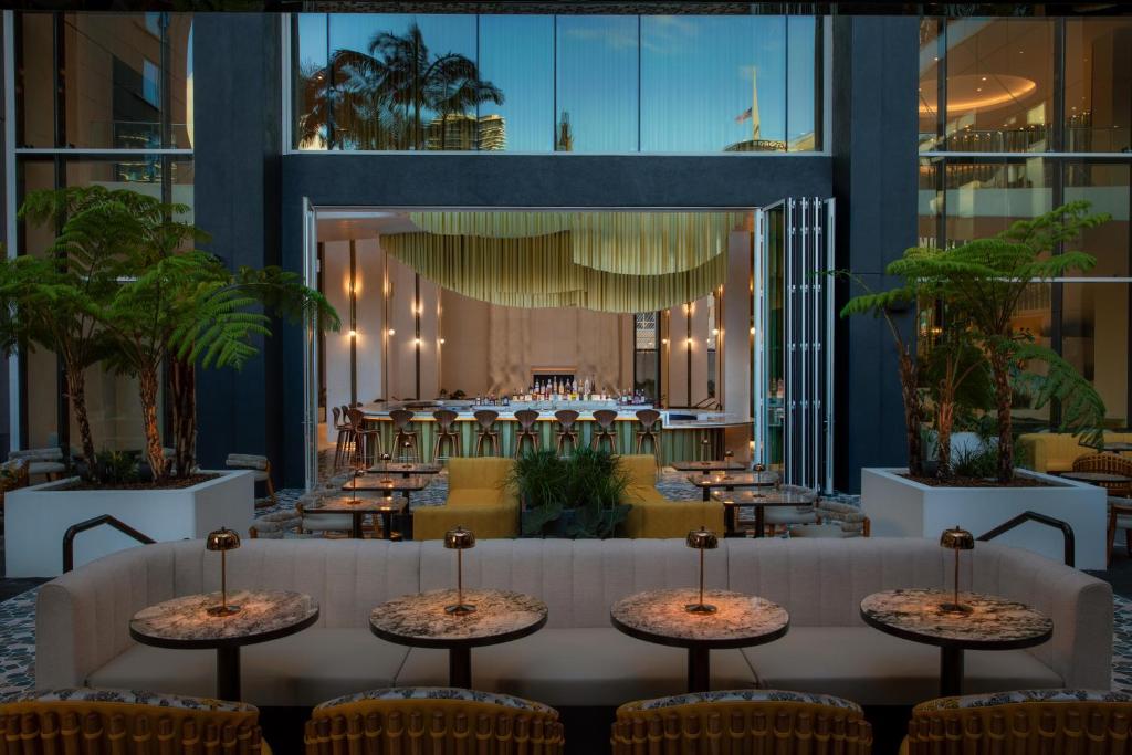 a view of a restaurant with tables and chairs at W Hollywood in Los Angeles