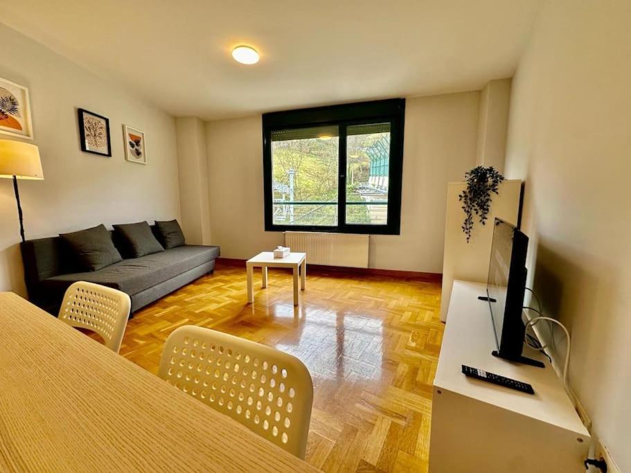 a living room with a couch and a television at Encantador Piso a 150m del Tren in Pola de Lena