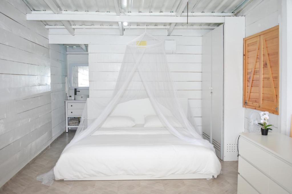 een witte slaapkamer met een bed met een klamboe bij Aqua Vista La Ciénaga in Ocumare de la Costa