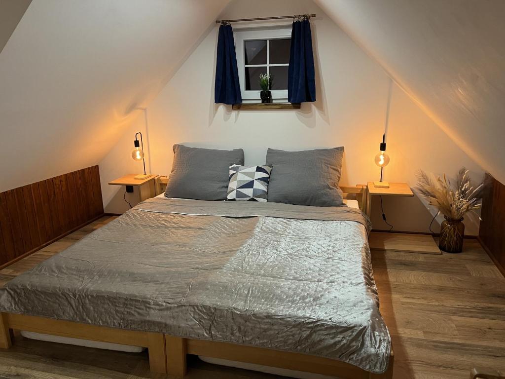 畢斯崔采和帕恩斯維坦的住宿－Chalupa pod Zubštejnem，一间卧室配有一张带两盏灯的床和一扇窗户。