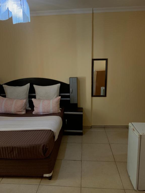 1 dormitorio con cama con almohadas rosas y espejo en SUPERSTONE LODGE, en Lusaka
