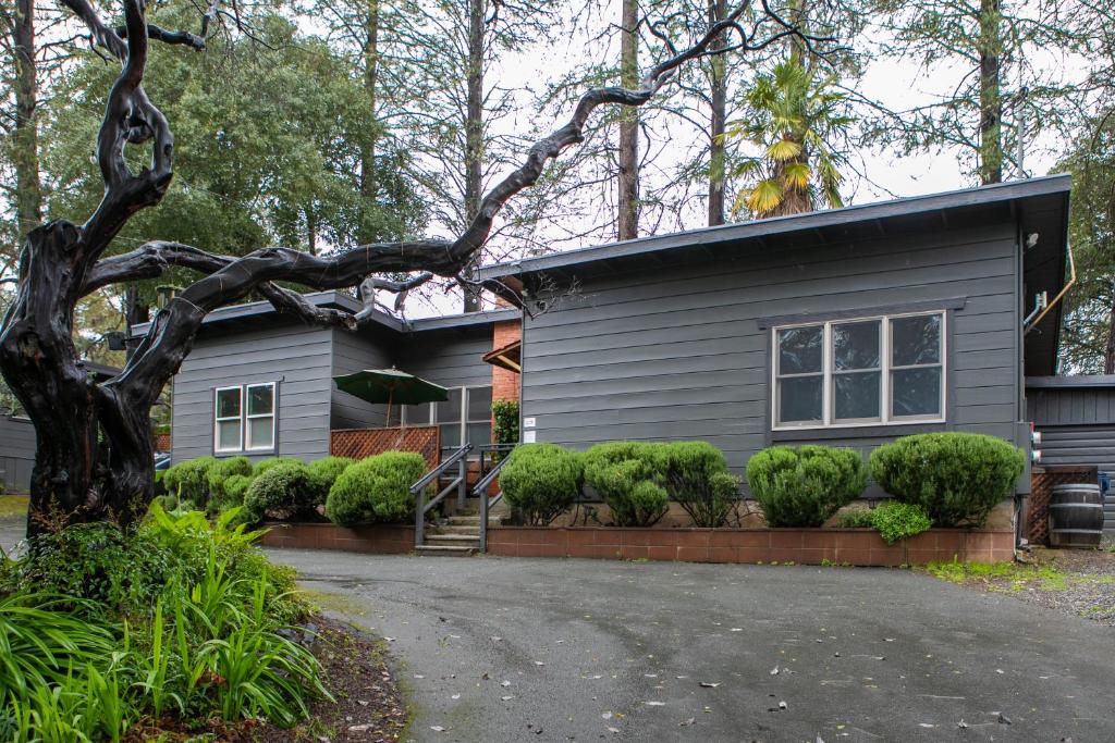 a gray house with a tree in front of it at Anderson Valley Inn in Philo
