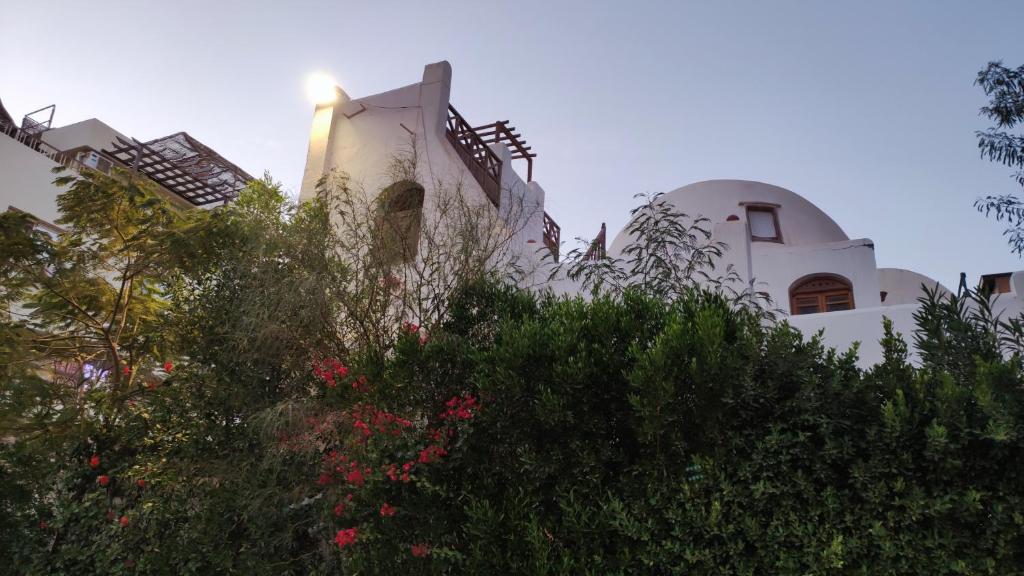 um edifício branco com árvores e flores em frente em The Green House em Hurghada