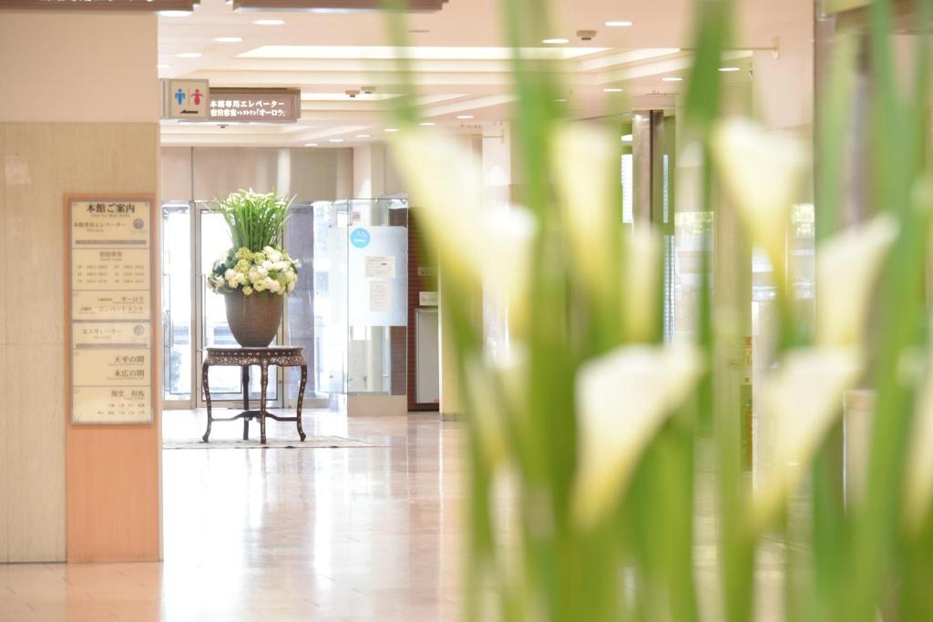 una pianta in vaso seduta su un tavolo in un corridoio di HOTEL NEWITAYA a Utsunomiya