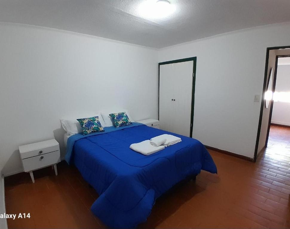 a bedroom with a blue bed in a white room at Tu casita de paso 2 in General Acha