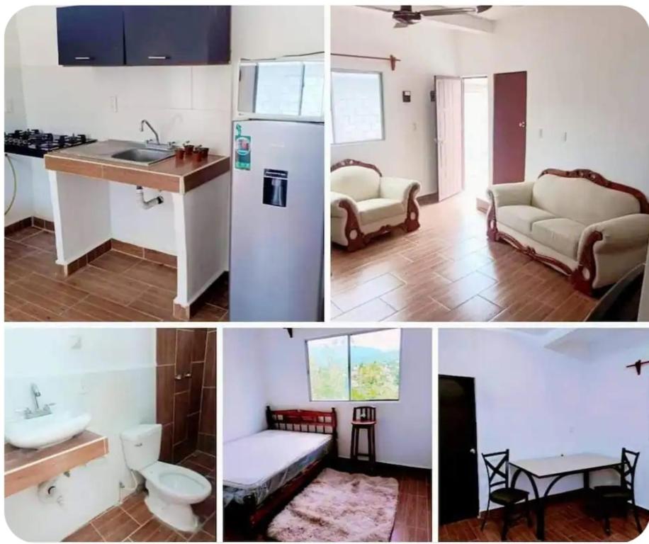 eine Küche und ein Wohnzimmer mit einem Kühlschrank in der Unterkunft Descansa sin Ruidos Departamento Limón in Tuxtla Gutiérrez