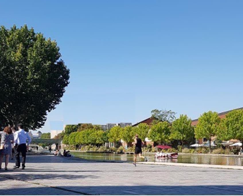 um grupo de pessoas andando por uma rua ao lado de um lago em Très bel appart à 2mns du Metro et du Canal/Parc em Pantin