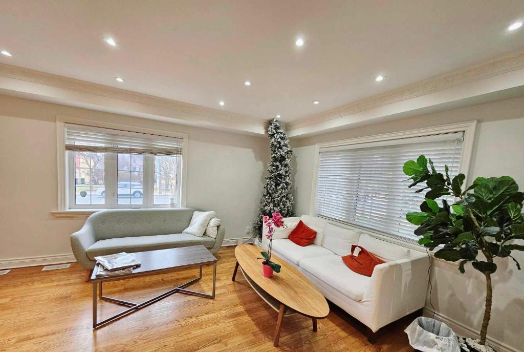 ein Wohnzimmer mit Sofa und Weihnachtsbaum in der Unterkunft Beautiful Room at Yonge and Sheppard and North York Centre in Toronto