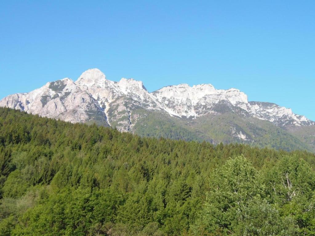 una catena montuosa con alberi e montagne innevate di Charmante Ferienwohnung in Campregheri a Campregheri