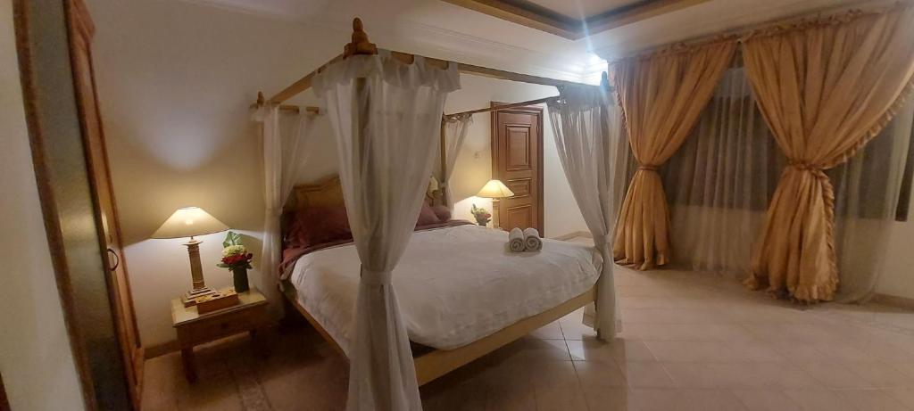 Bali Corner Residence Denpasar في دينباسار: غرفة نوم بها سرير مظلة ومصباحين