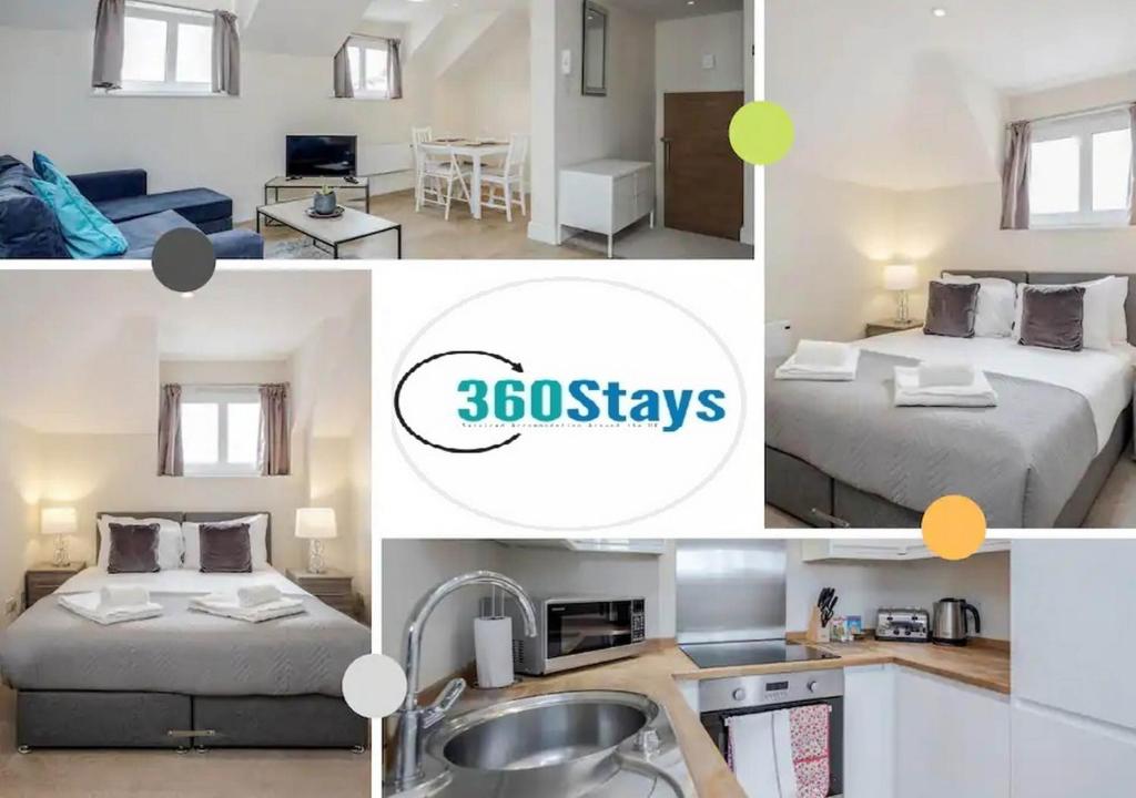 a collage of photos of a bedroom and a bathroom at Luxury 1 Bedroom Apartment 06 with Parking in Maidenhead by 360stays in Maidenhead