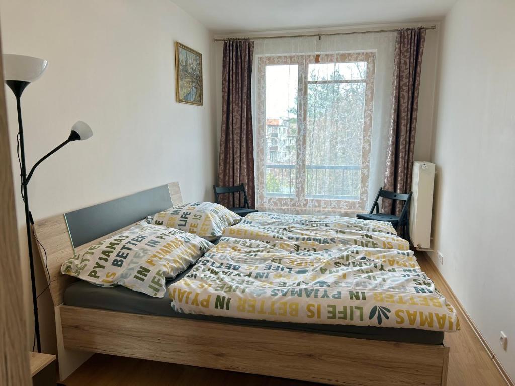 a bed in a room with a window and a bed with a bedspread at Apartmán v srdci Poděbrad 100m2 in Poděbrady
