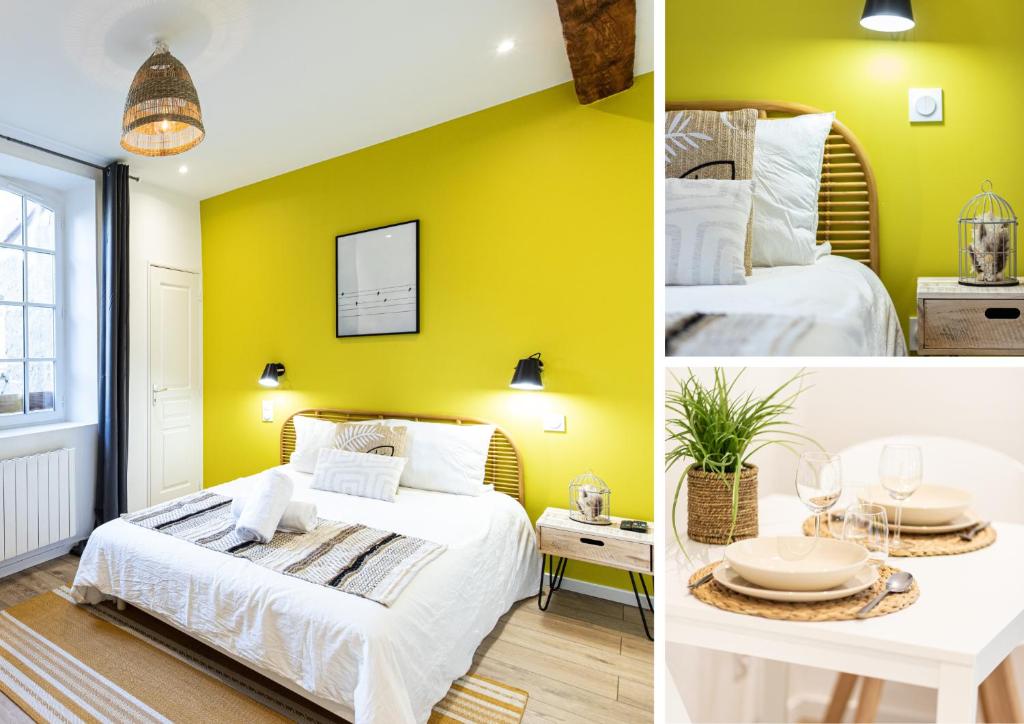 un collage de trois photos d'une chambre aux murs jaunes dans l'établissement La Belle de Nuit - Hôtel de Ville, à Saint-Étienne