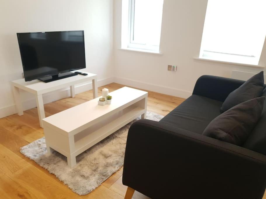 uma sala de estar com um sofá e uma televisão em Peaceful 2 Bed Townhouse, Close to City Centre em Reading