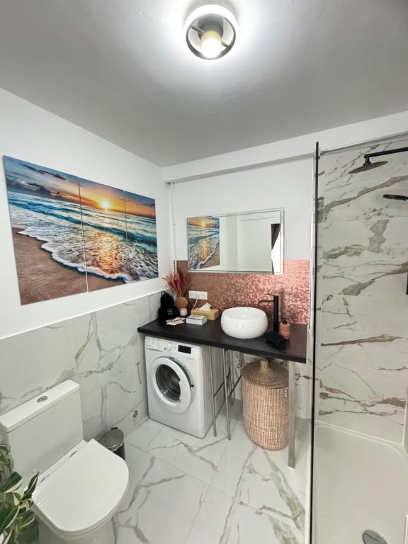 卡普戴爾的住宿－Monaco Cap d’ail Studio & jardin，一间带卫生间和洗衣机的浴室