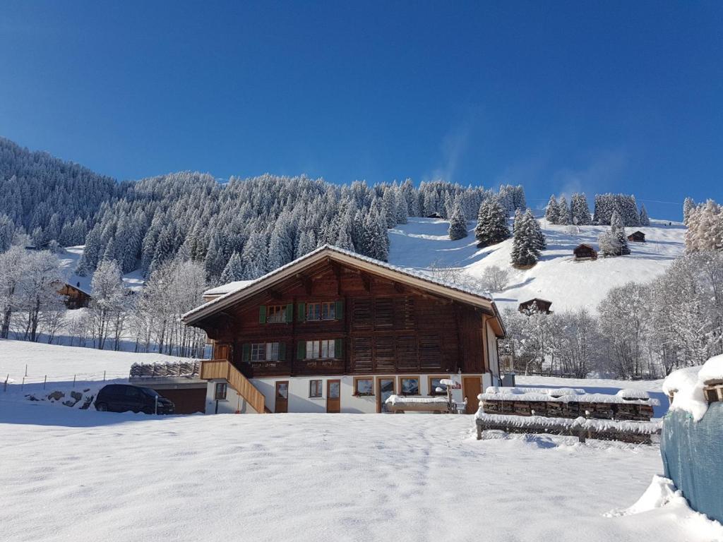 una cabaña de madera en la nieve con mucha nieve en BnB Fellacher, en Adelboden