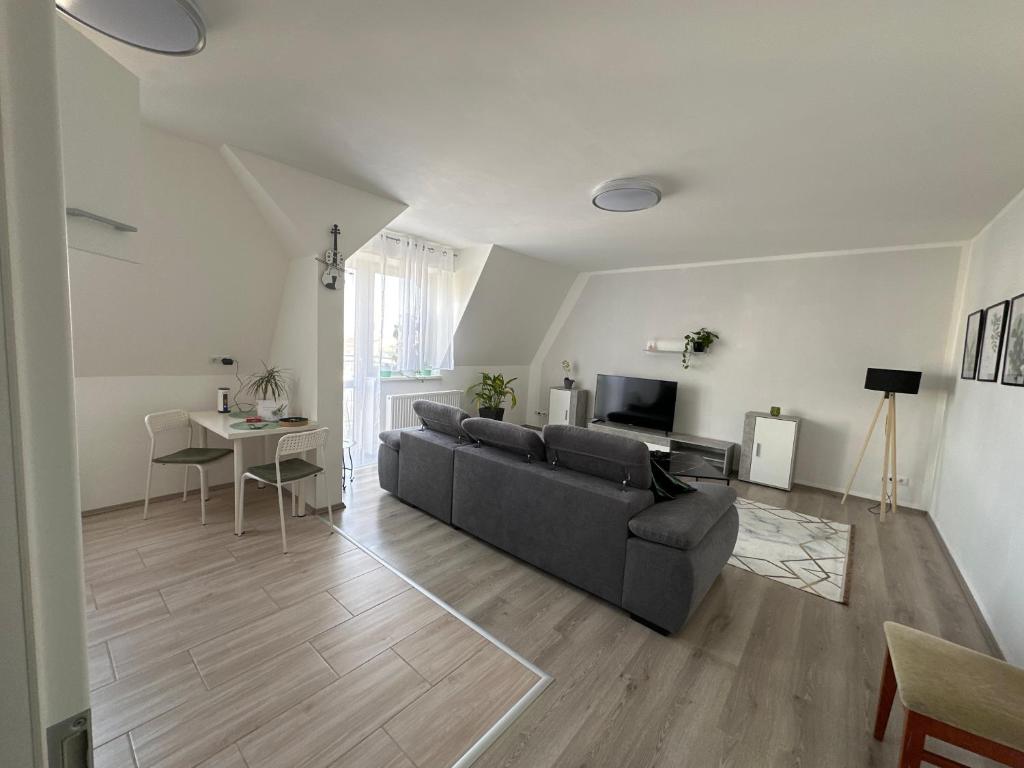 ein Wohnzimmer mit Sofa und Tisch in der Unterkunft Über den Dächern von Halle in Halle an der Saale