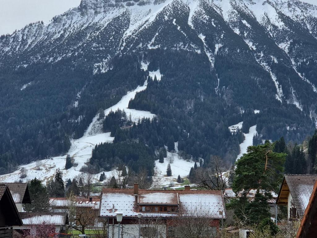 a snow covered mountain with a village in front of it at Breitenbergerhof Pfronten in Pfronten