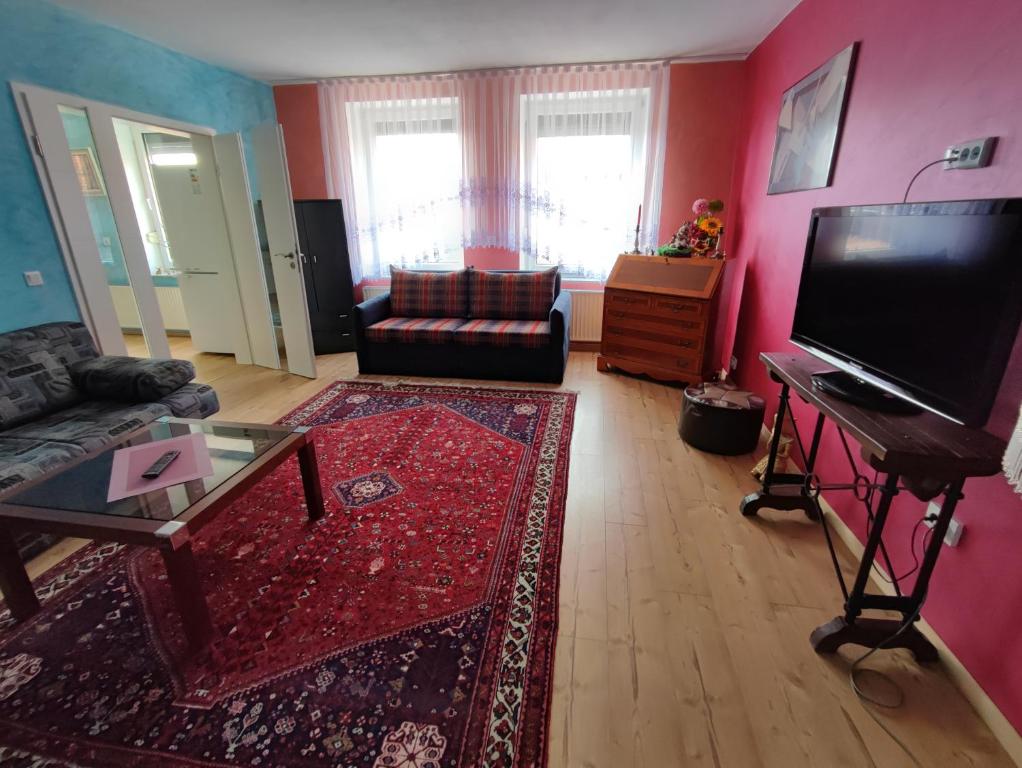 sala de estar con sofá y TV de pantalla plana en La Paula für Monteure, en Altenmedingen