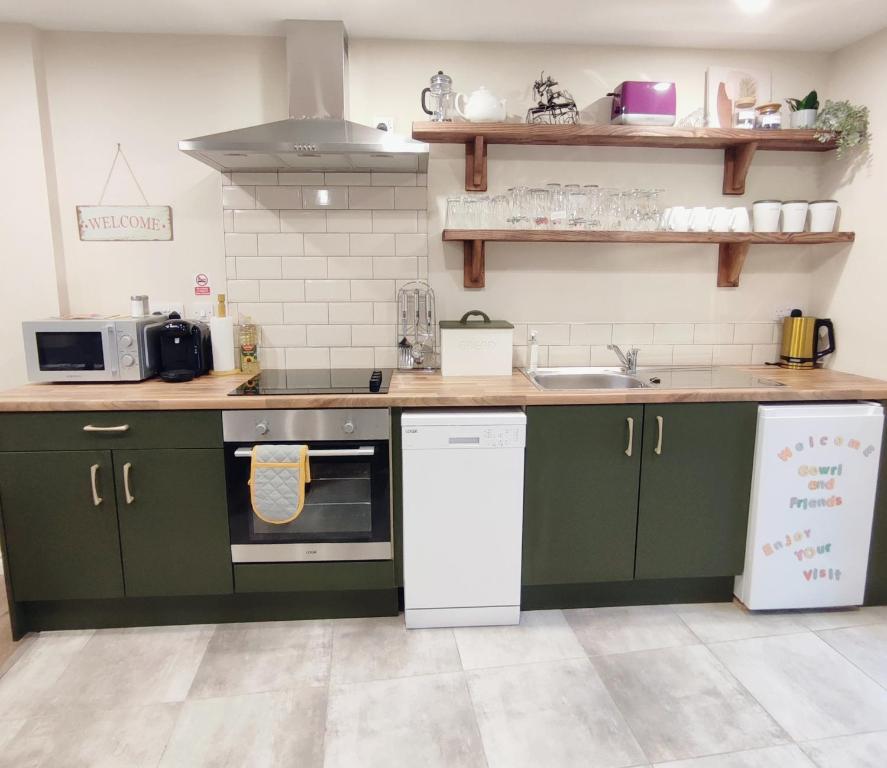 a kitchen with green cabinets and a sink at Unboring Holiday Let, Ballina, Mayo in Ballina