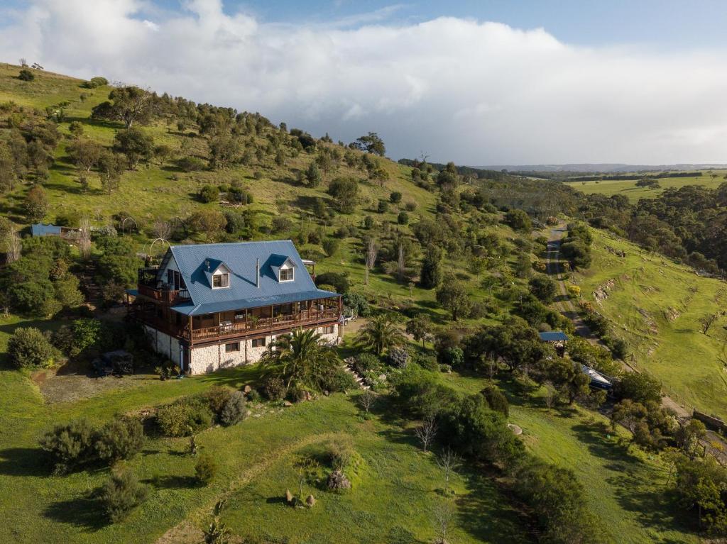 an aerial view of a house on a hill at Hill Moi Country stay by the Sea in Victor Harbor