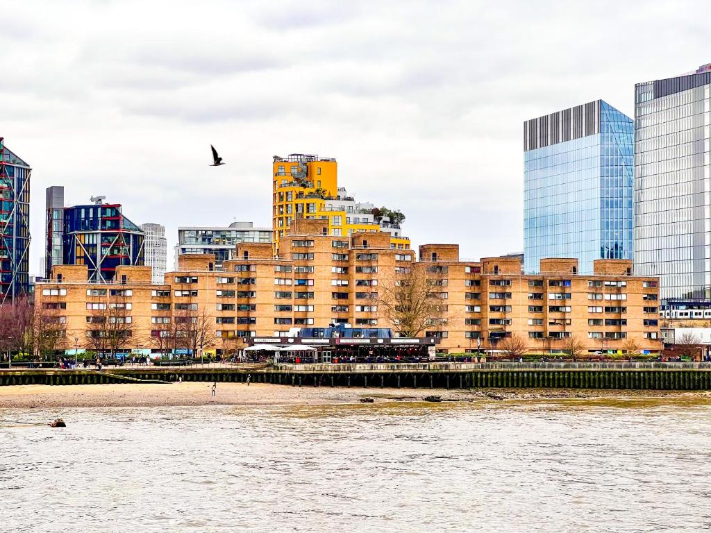 vista su una città con un fiume e su edifici di Happy River Thames View Entire Apartment a Londra