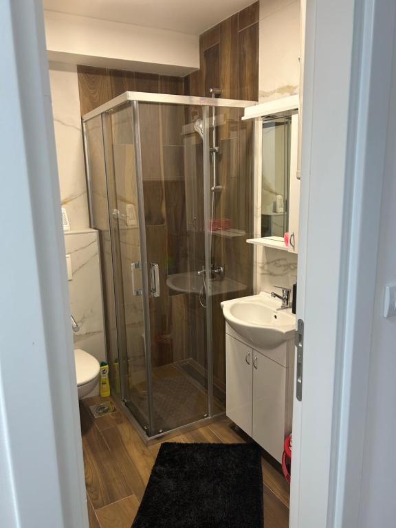 a bathroom with a shower and a toilet and a sink at Gray apartman in Vrnjačka Banja