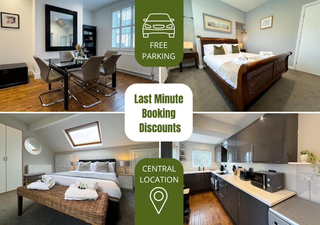 two pictures of a hotel room with a bed and a kitchen at Central - Free Parking - Relocating - Business in Harrogate