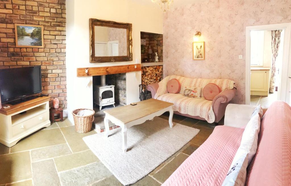 a living room with a couch and a fireplace at Riverwood Cottage Stanhope in Stanhope