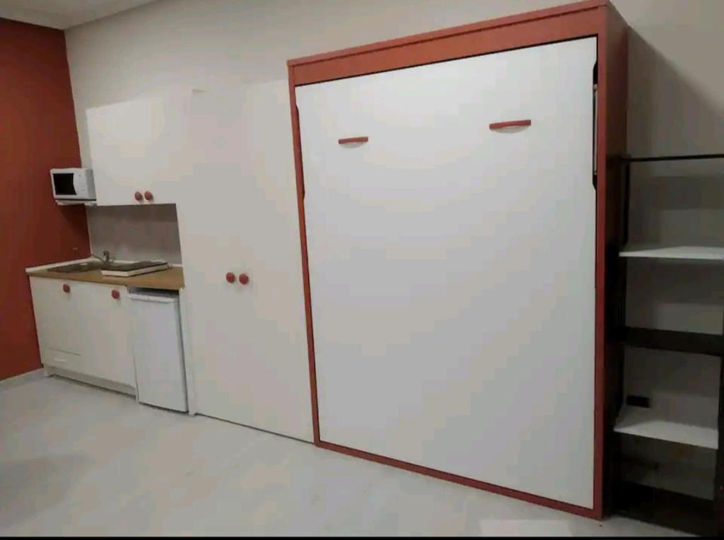 eine Küche mit zwei großen weißen Schränken und einem Kühlschrank in der Unterkunft Loft Puente Romano in Salamanca