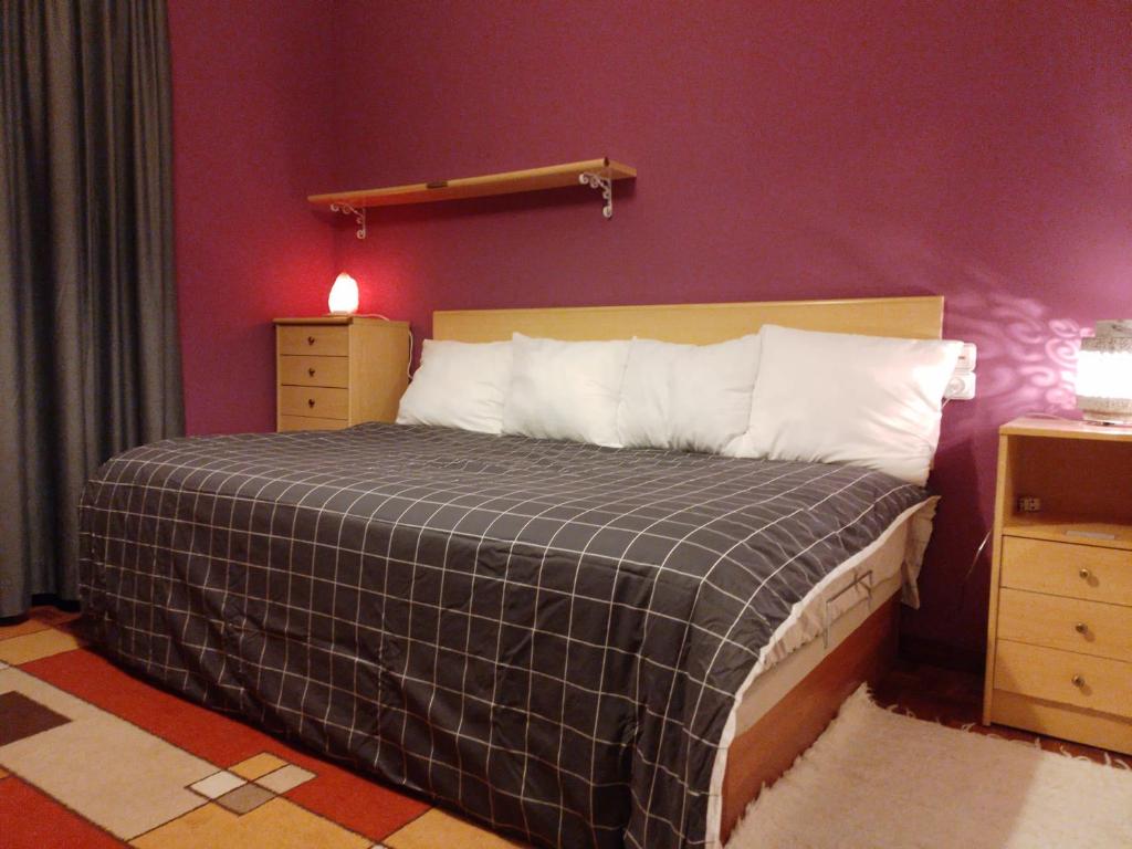 1 dormitorio con 1 cama con manta a cuadros en Hostal, en Mieres
