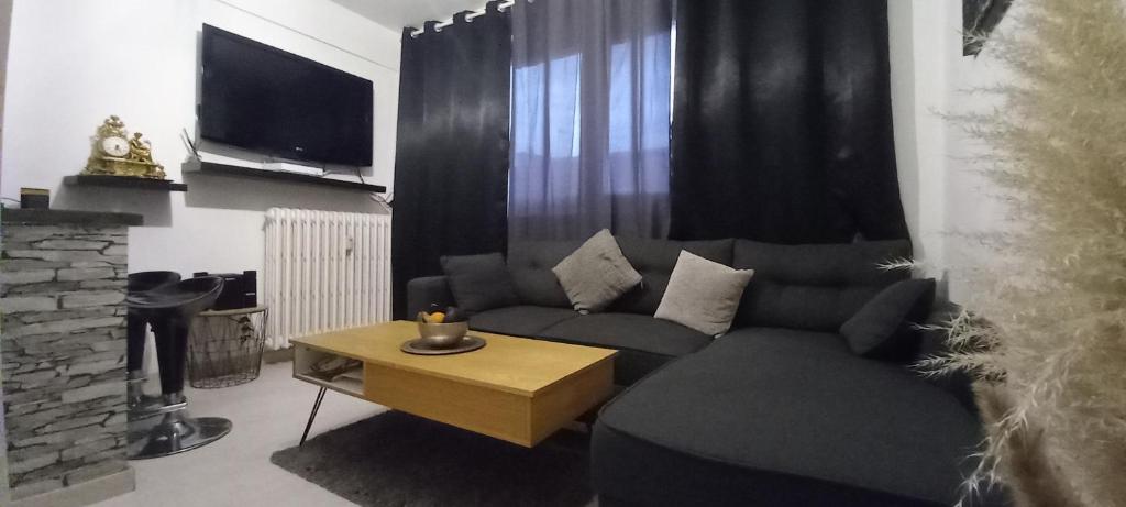 ein Wohnzimmer mit einem Sofa und einem Tisch in der Unterkunft LE PHENIX Appartement calme et Cosy in Caen